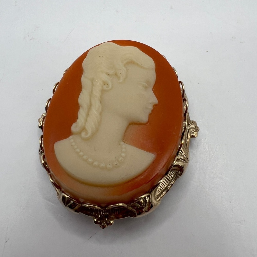 Vintage Faux Cameo Brooch Gold Tone Frame Pin